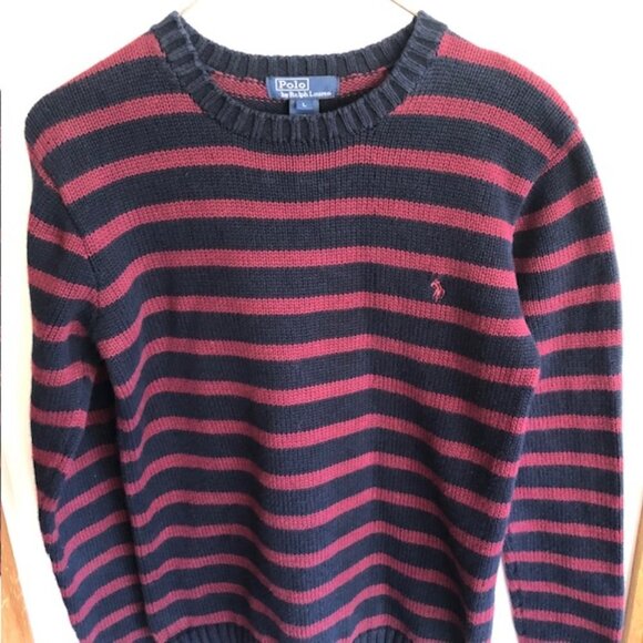 RALPH LAUREN POLO Cotton Crewneck Blue Red Stripe Sweater Boy Large - Picture 2 of 15